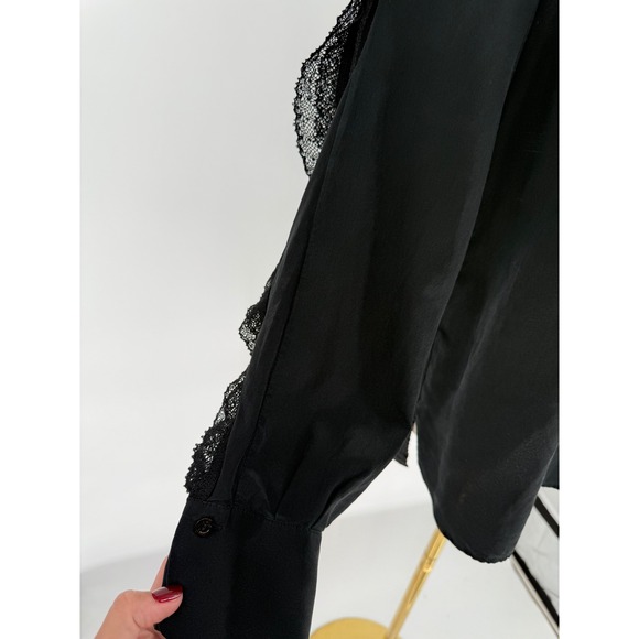 See By Chloe Black Silk Long Sleeve Top with Lace Ruffle Detail Blouse - Picture 5 of 12